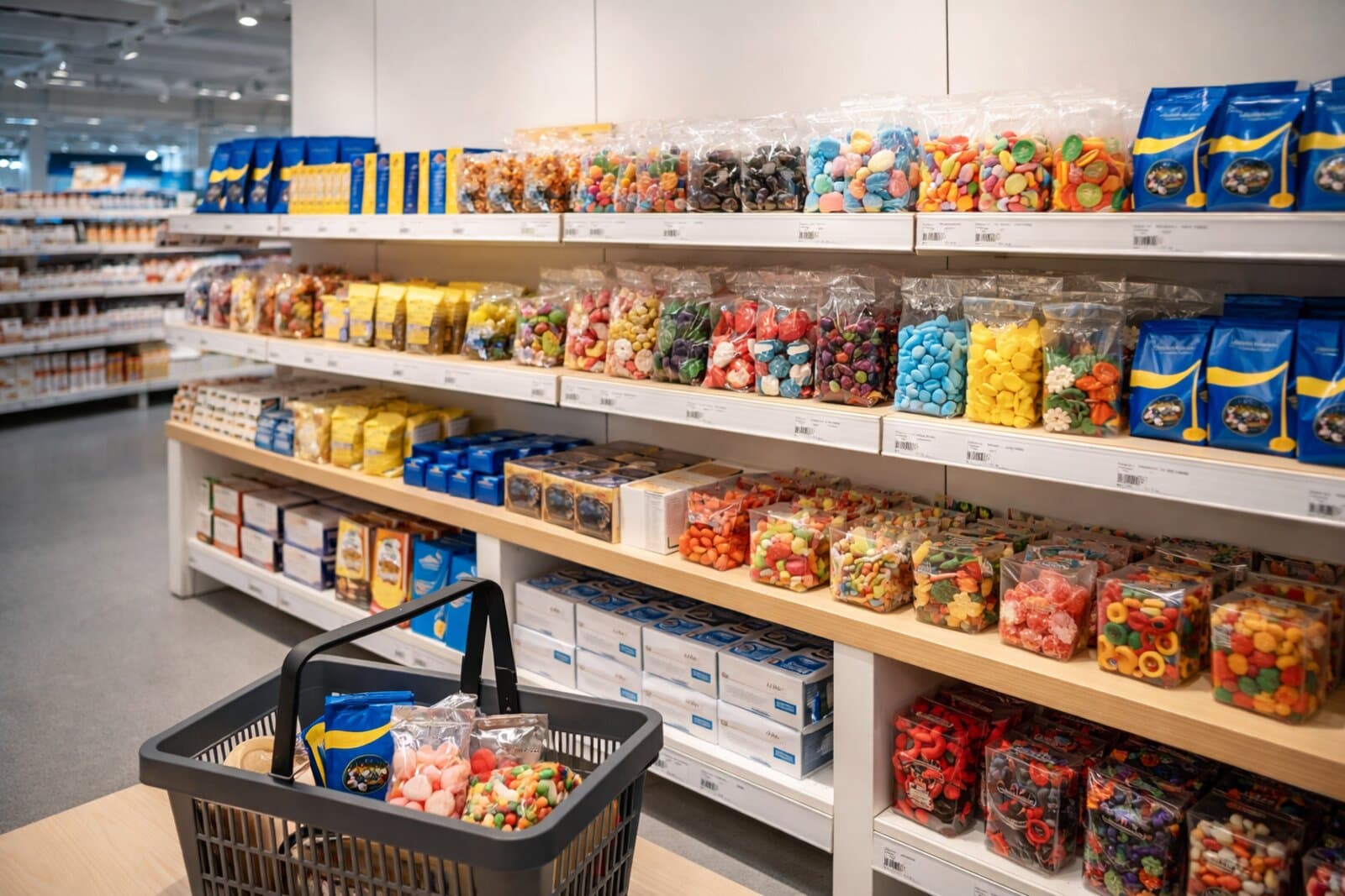 IKEA Swedish food market candy section with Marabou chocolate and Malaco gummies