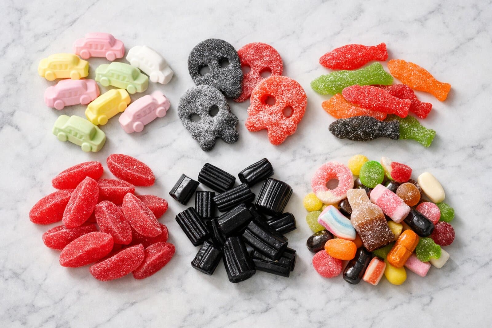 Vintage Swedish candy packaging alongside modern BUBS and Malaco products